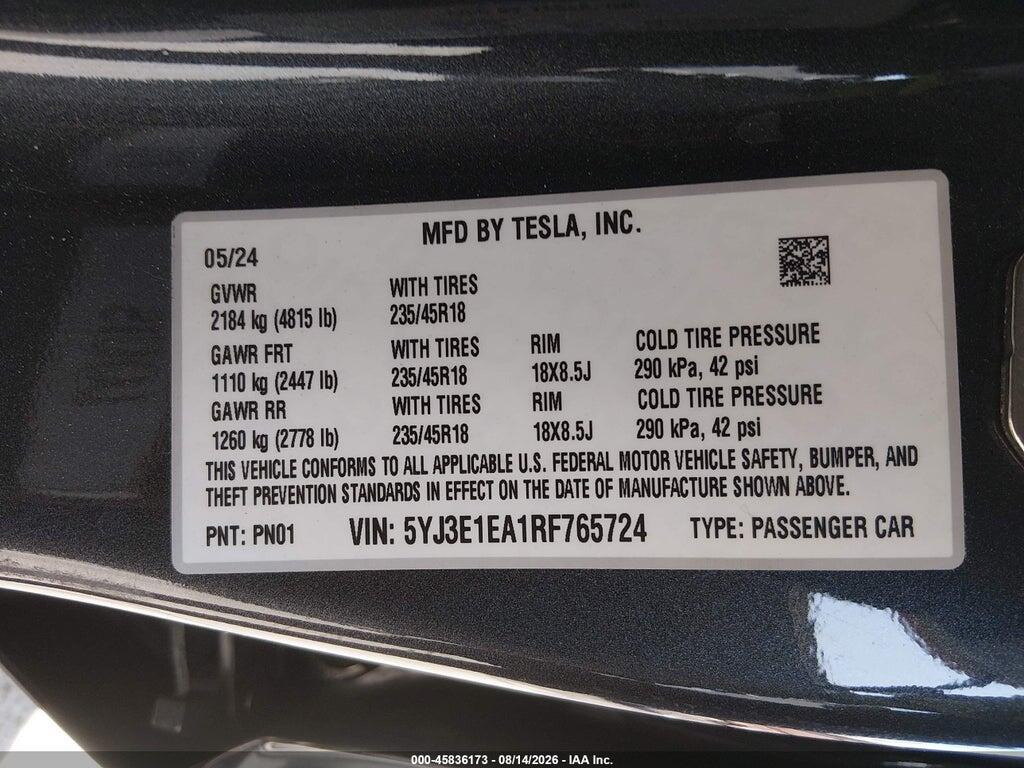 5YJ3E1EA1RF765724 2024 TESLA MODEL 3 photo no. 9