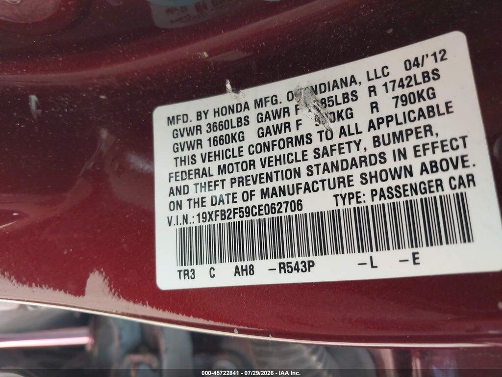 19XFB2F59CE062706 2012 HONDA CIVIC photo no. 9