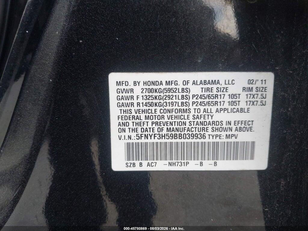 5FNYF3H59BB039936 2011 HONDA PILOT photo no. 9