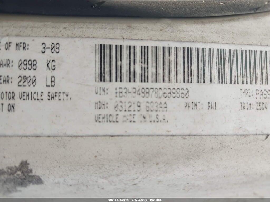 1B3HB28B88D653177 2008 DODGE CALIBER photo no. 9