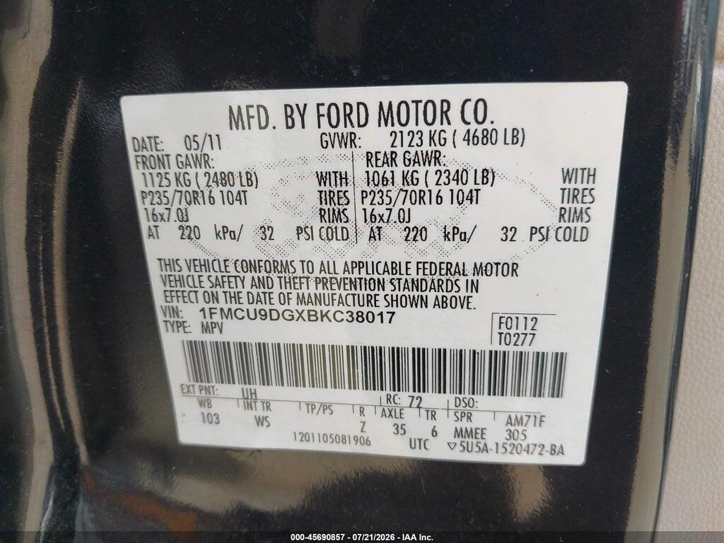 1FMCU9DGXBKC38017 2011 FORD ESCAPE photo no. 9