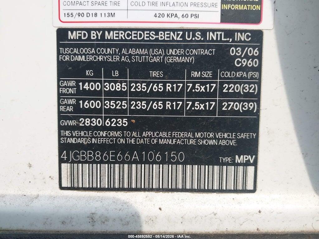4JGBB86E66A106150 2006 MERCEDES-BENZ ML 350 photo no. 9