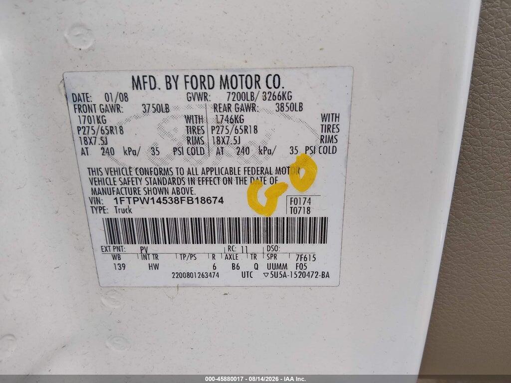 1FTPW14538FB18674 2008 FORD F-150 photo no. 9