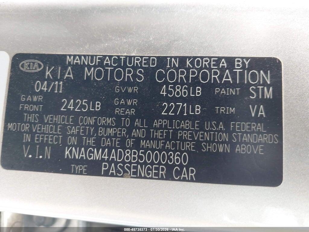 KNAGM4AD8B5000360 2011 KIA OPTIMA HYBRID photo no. 9