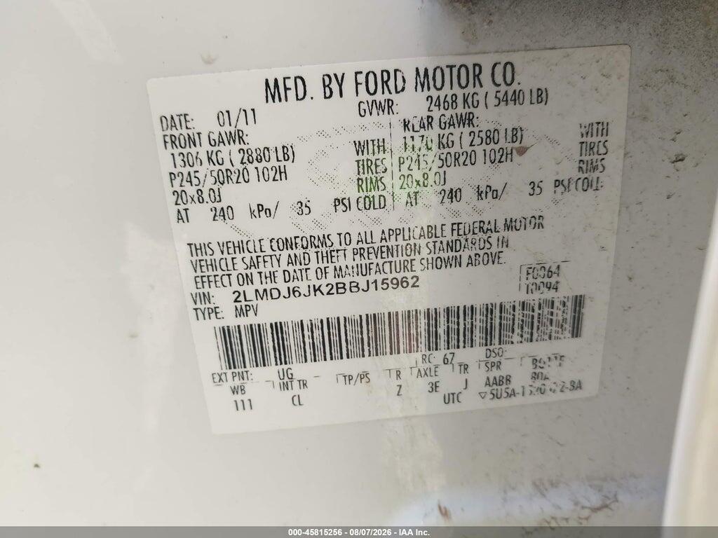 2LMDJ6JK2BBJ15962 2011 LINCOLN MKX photo no. 9