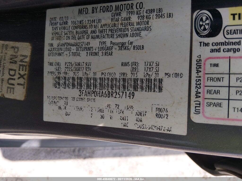 3FAHP0HA6BR257149 2011 FORD FUSION photo no. 9