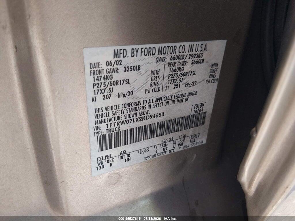 1FTRW07LX2KD94653 2002 FORD F-150 photo no. 9