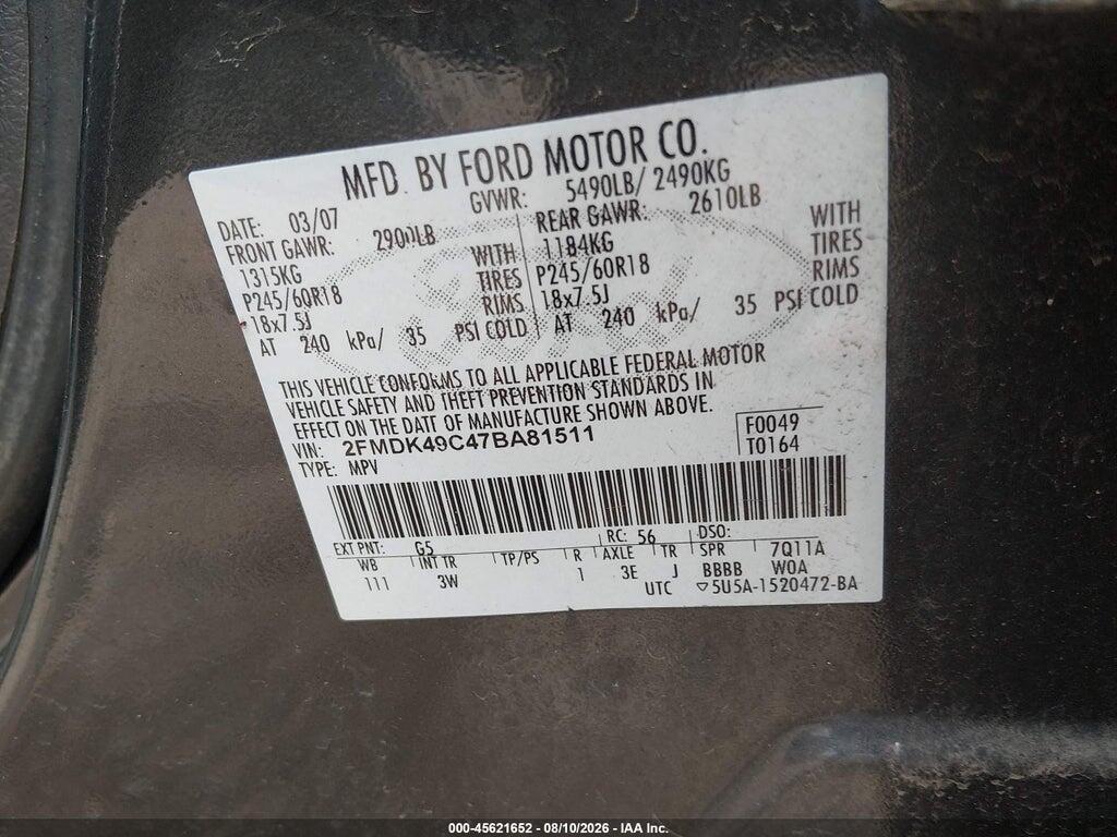 2FMDK49C47BA81511 2007 FORD EDGE photo no. 9