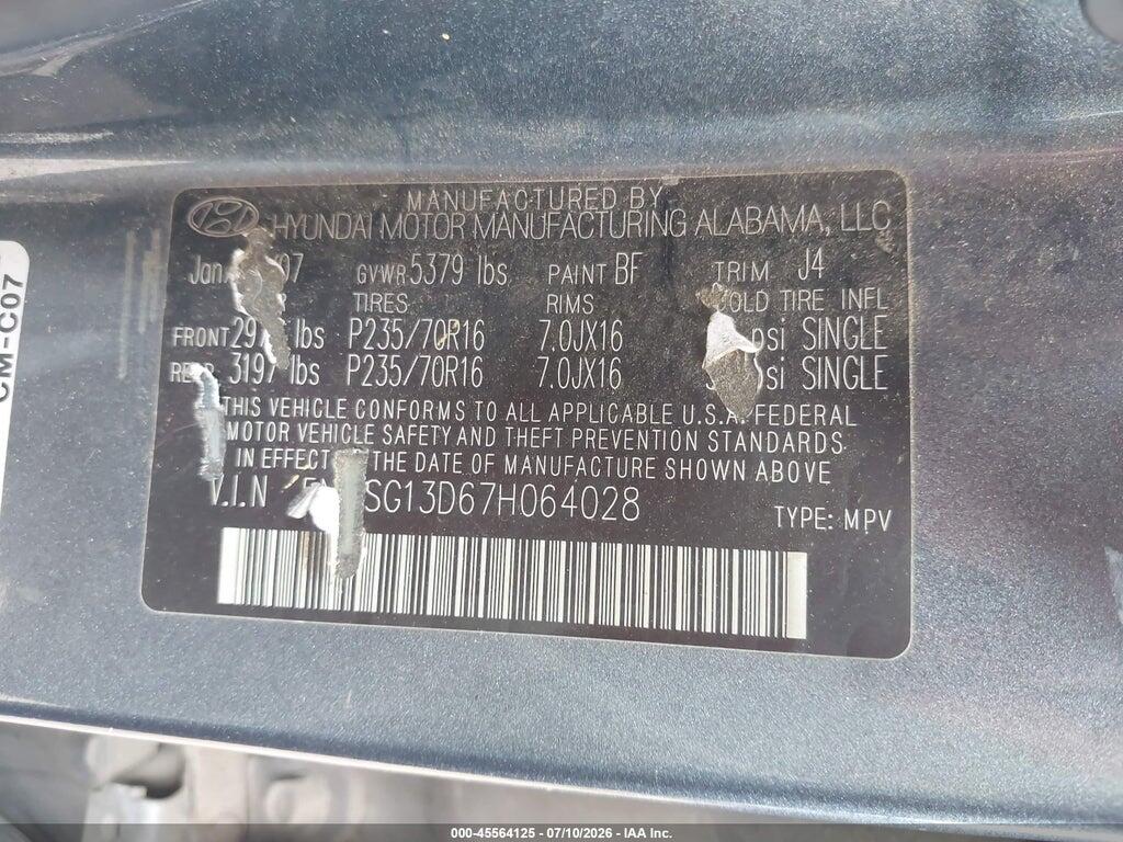 5NMSG13D67H064028 2007 HYUNDAI SANTA FE photo no. 9