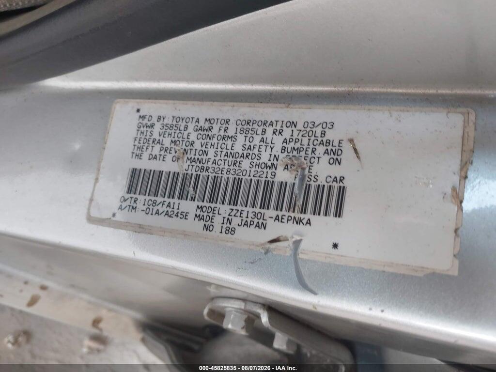 JTDBR32E832012219 2003 TOYOTA COROLLA photo no. 9