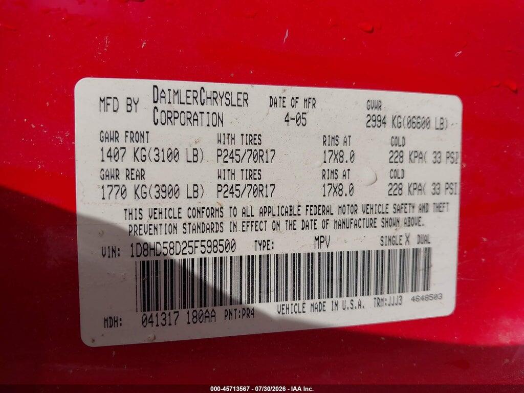 1D8HD58D25F598500 2005 DODGE DURANGO photo no. 9