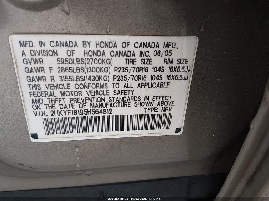 2HKYF18195H564812 2005 HONDA PILOT photo no. 9