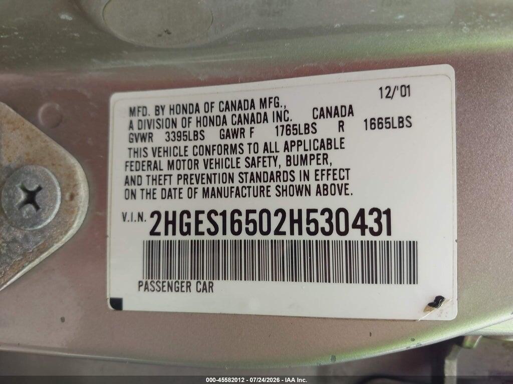 2HGES16502H530431 2002 HONDA CIVIC photo no. 9