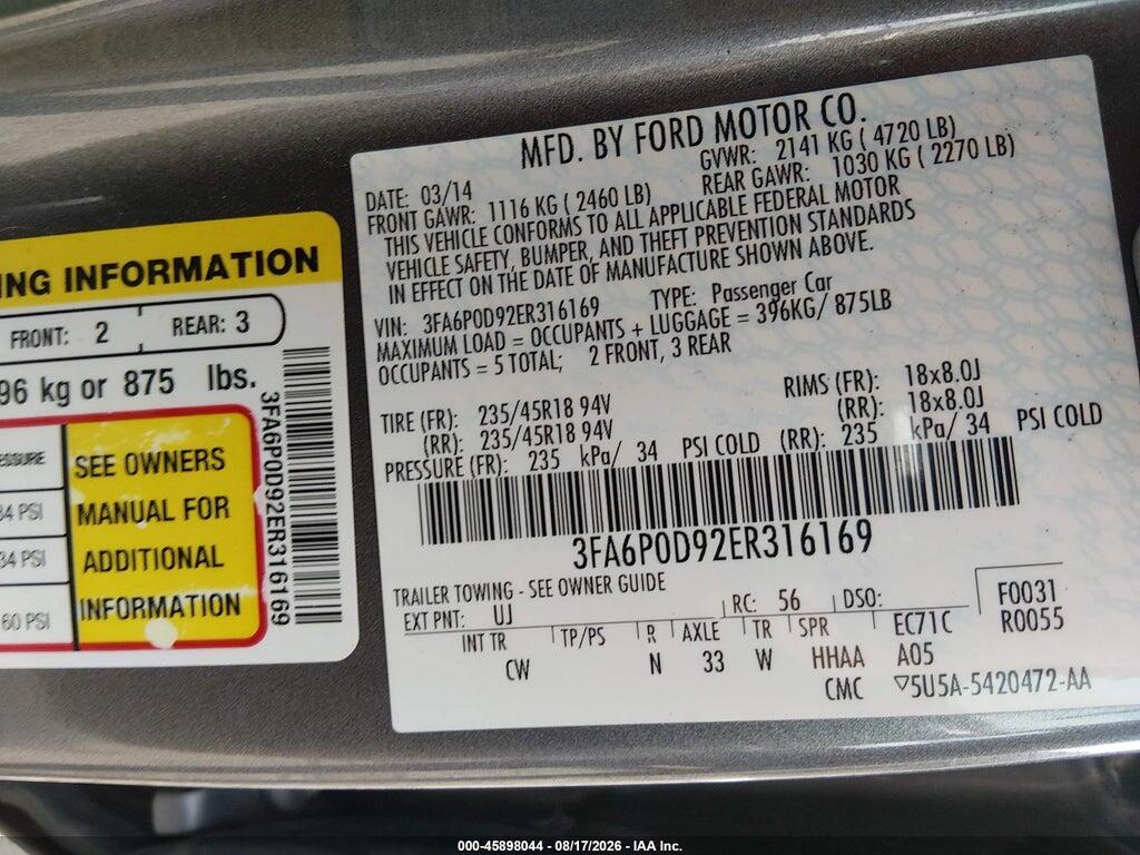 3FA6P0D92ER316169 2014 FORD FUSION photo no. 9