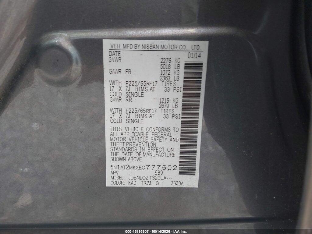 5N1AT2MKXEC777502 2014 NISSAN ROGUE photo no. 9