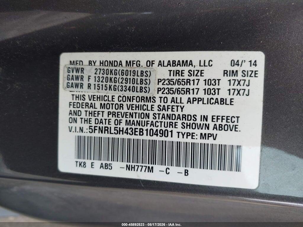 5FNRL5H43EB104901 2014 HONDA ODYSSEY photo no. 9