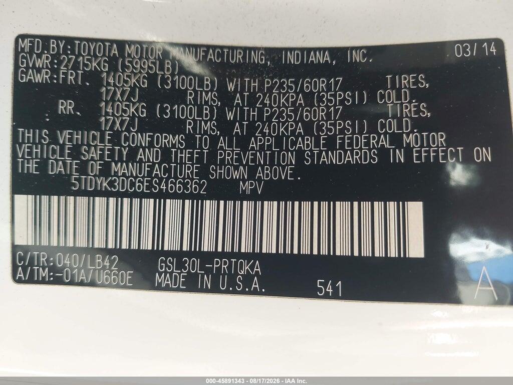 5TDYK3DC6ES466362 2014 TOYOTA SIENNA photo no. 9