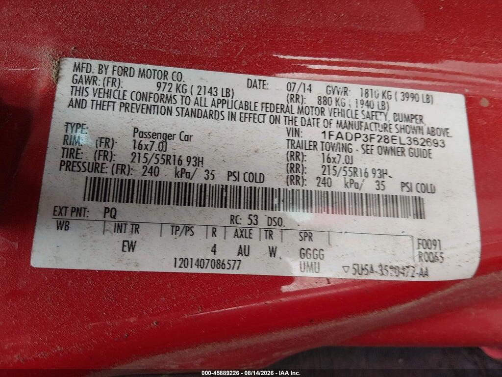 1FADP3F28EL362693 2014 FORD FOCUS photo no. 9