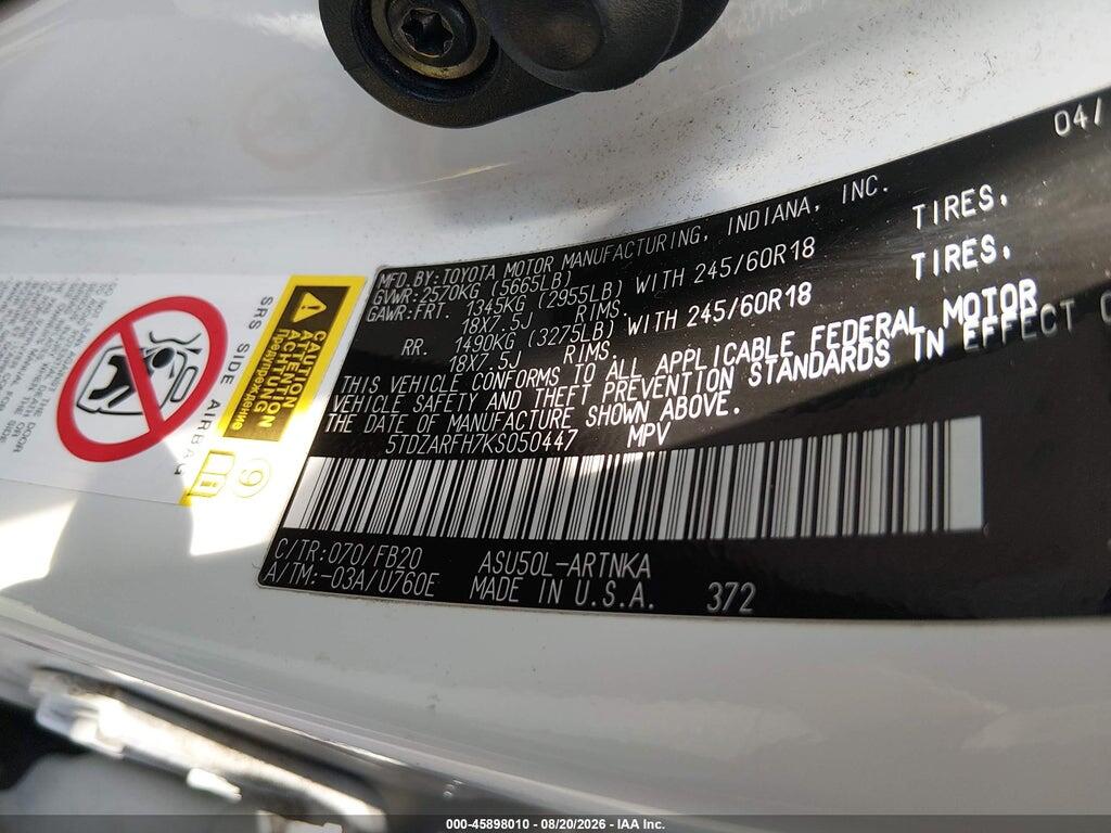 5TDZARFH7KS050447 2019 TOYOTA HIGHLANDER photo no. 9