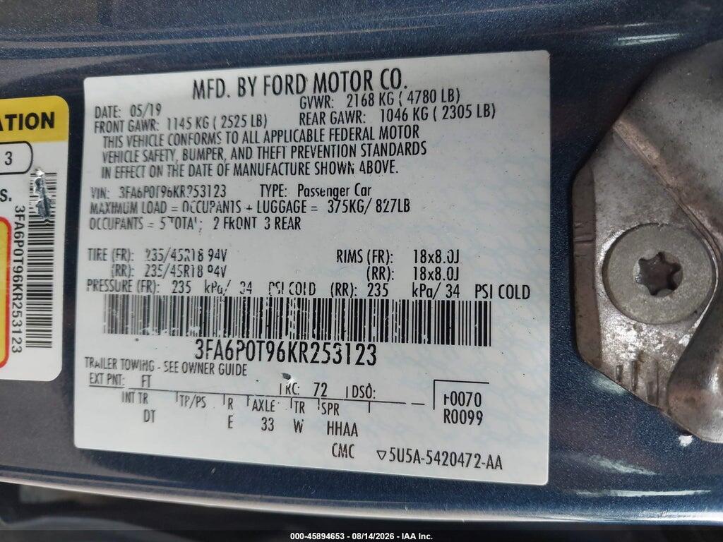 3FA6P0T96KR253123 2019 FORD FUSION photo no. 9