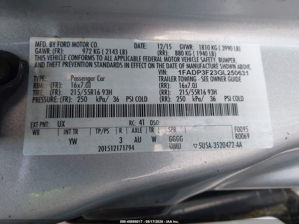 1FADP3F23GL250631 2016 FORD FOCUS photo no. 9