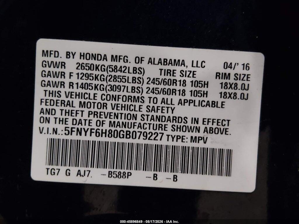 5FNYF6H80GB079227 2016 HONDA PILOT photo no. 9
