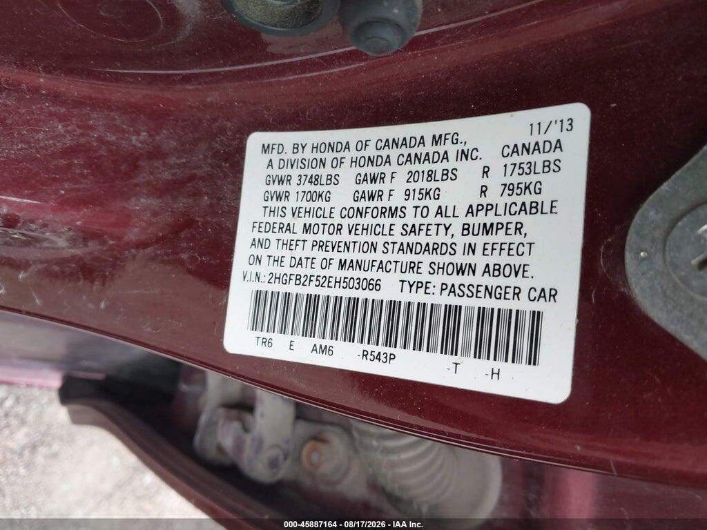 2HGFB2F52EH503066 2014 HONDA CIVIC photo no. 9