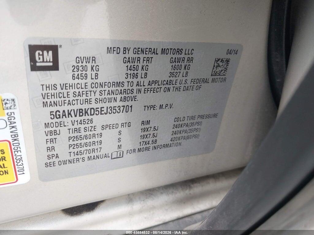 5GAKVBKD5EJ353701 2014 BUICK ENCLAVE photo no. 9