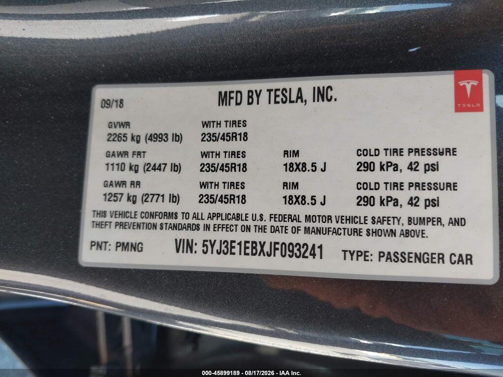 5YJ3E1EBXJF093241 2018 TESLA MODEL 3 photo no. 9