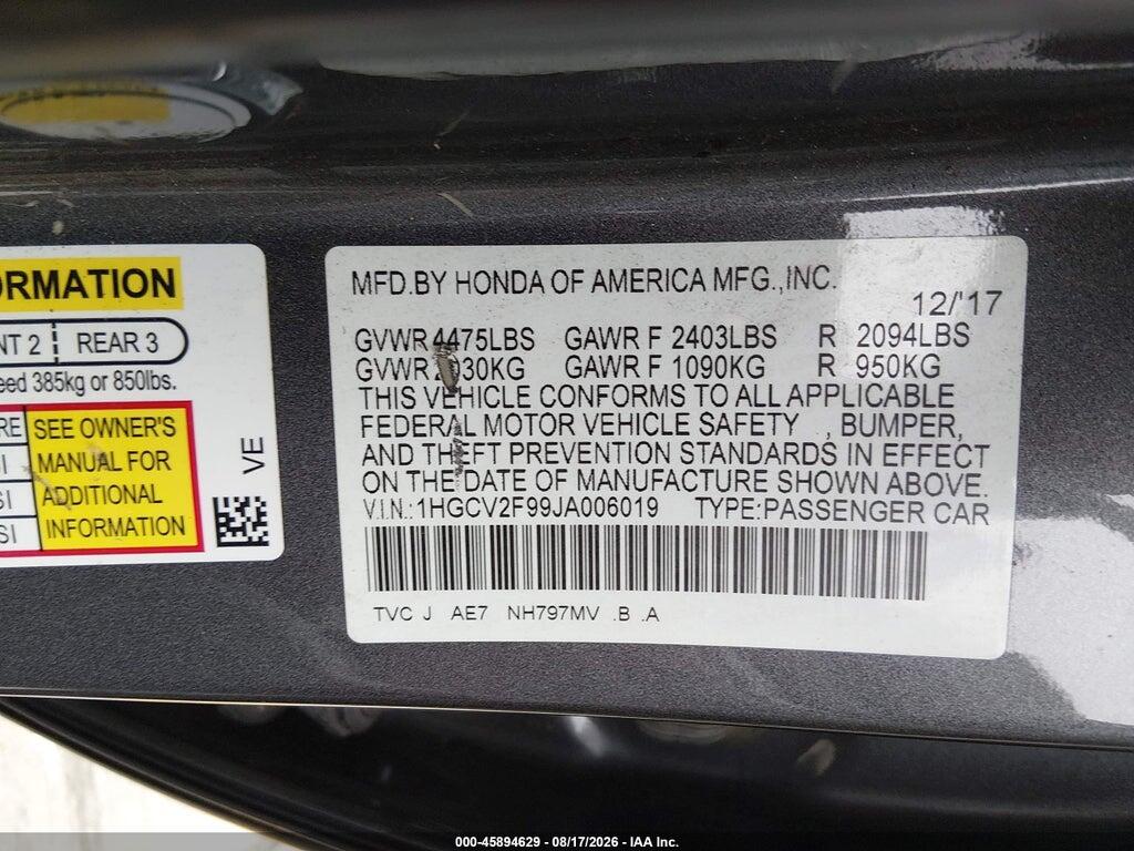 1HGCV2F99JA006019 2018 HONDA ACCORD photo no. 9