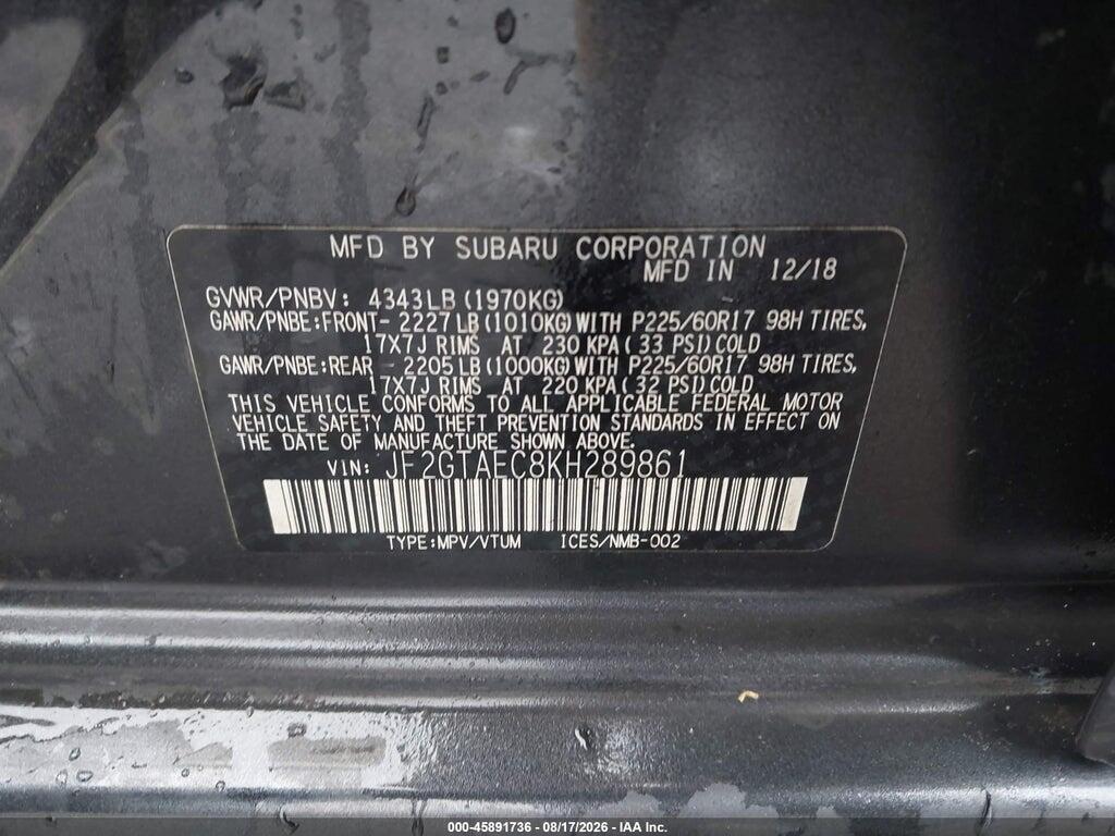 JF2GTAEC8KH289861 2019 SUBARU CROSSTREK photo no. 9