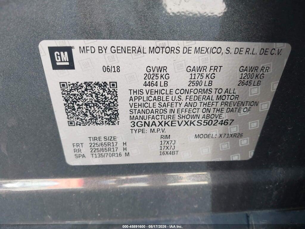 3GNAXKEVXKS502467 2019 CHEVROLET EQUINOX photo no. 9