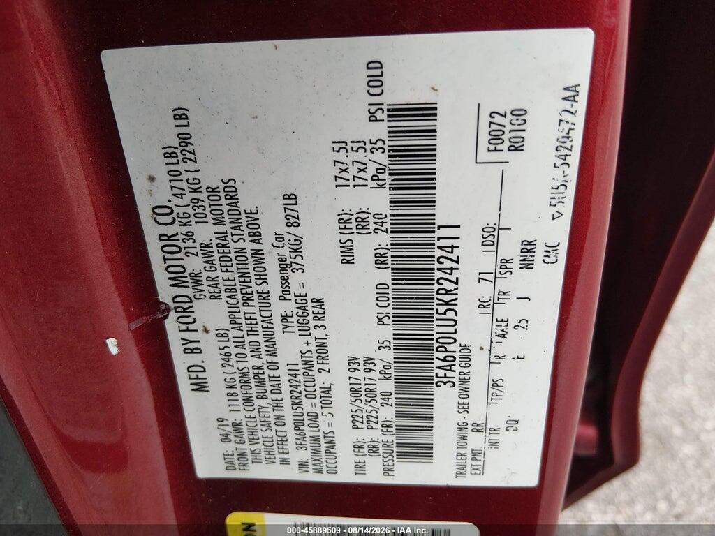 3FA6P0LU5KR242411 2019 FORD FUSION HYBRID photo no. 9