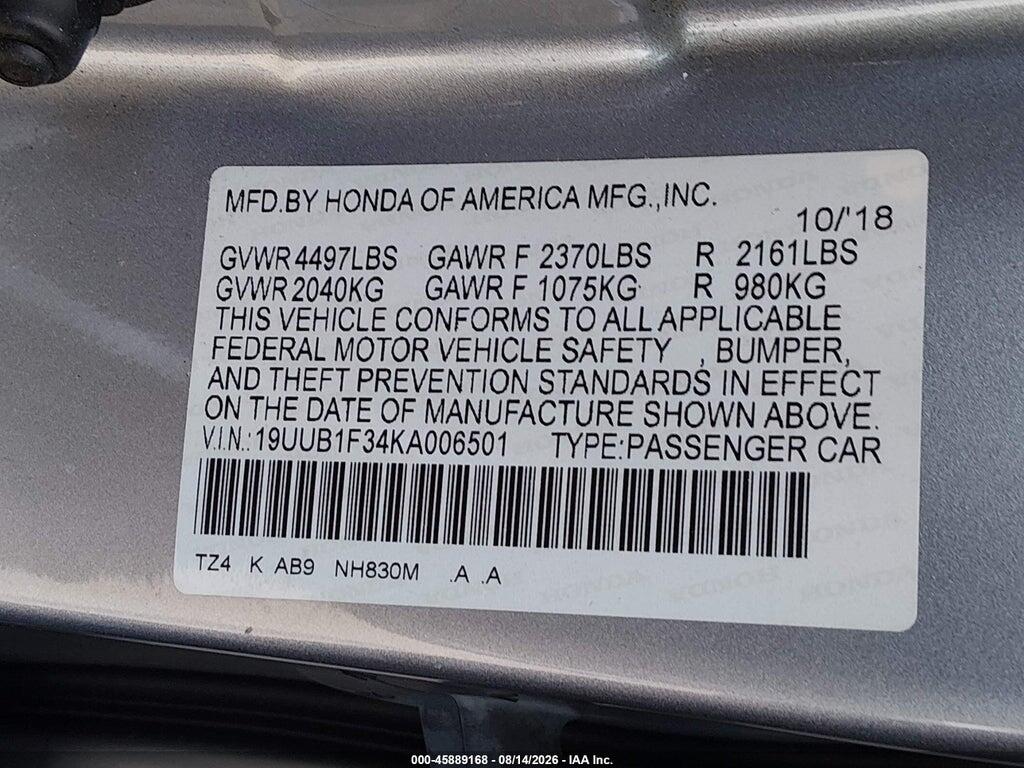 19UUB1F34KA006501 2019 ACURA TLX photo no. 9