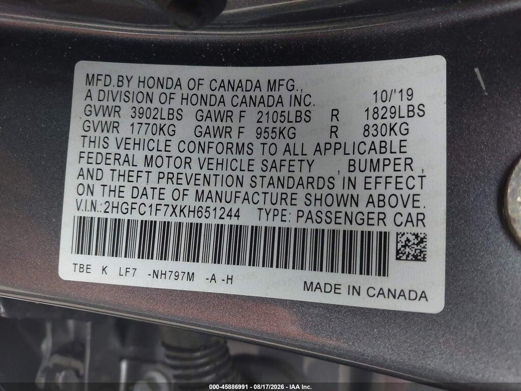 2HGFC1F7XKH651244 2019 HONDA CIVIC photo no. 9