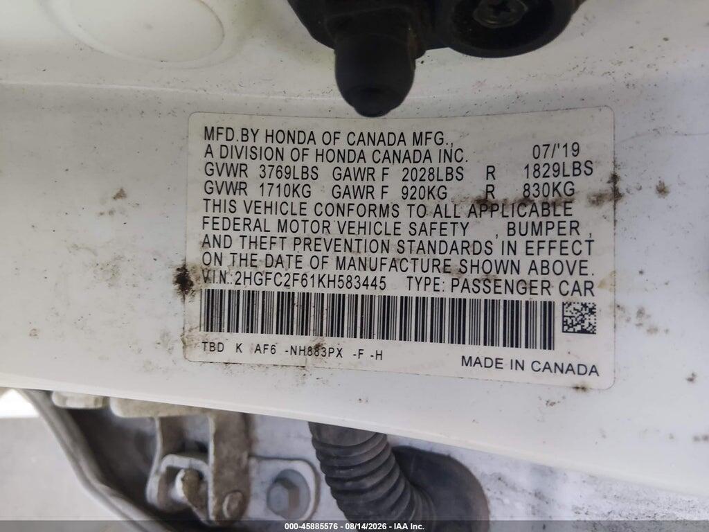 2HGFC2F61KH583445 2019 HONDA CIVIC photo no. 9