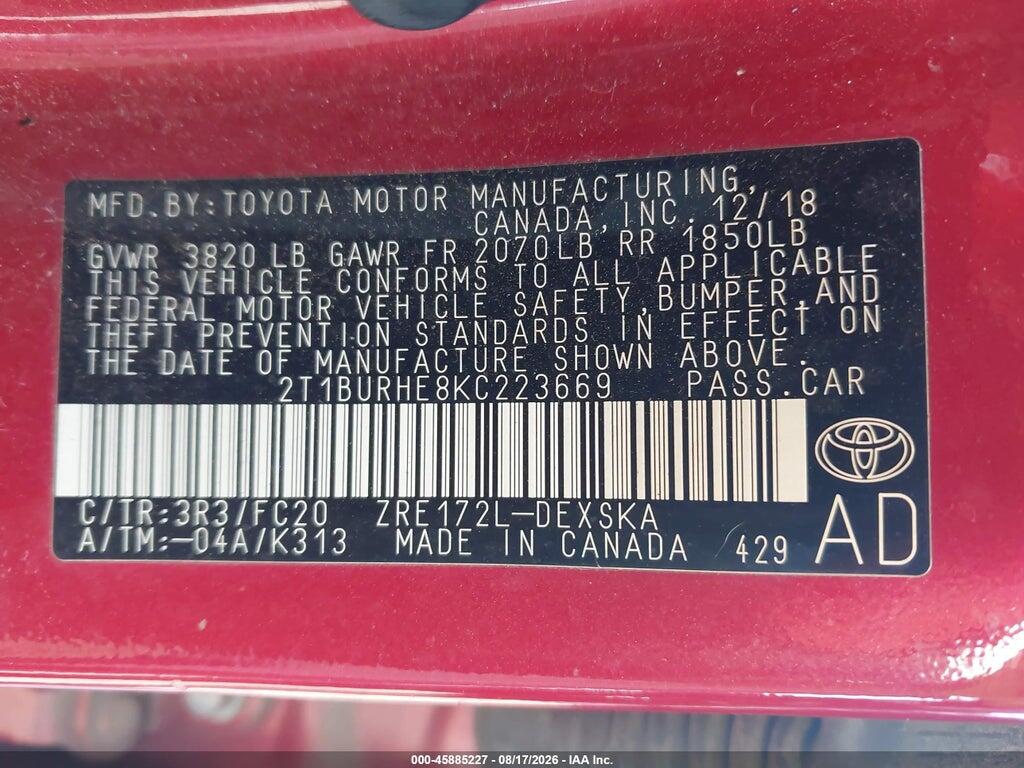 2T1BURHE8KC223669 2019 TOYOTA COROLLA photo no. 9