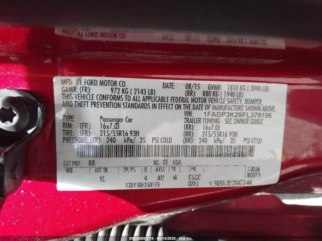 1FADP3K29FL378196 2015 FORD FOCUS photo no. 9