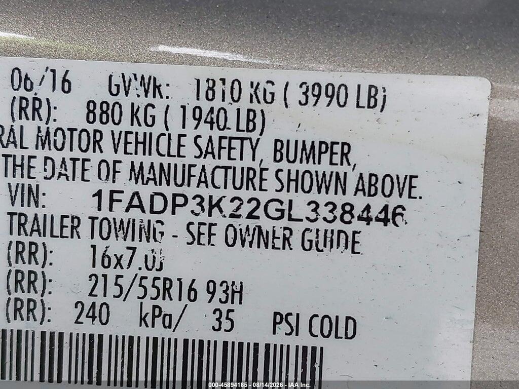 1FADP3K22GL338446 2016 FORD FOCUS photo no. 9