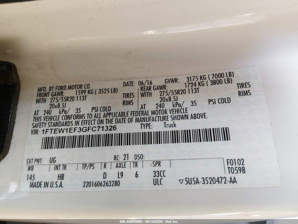 1FTEW1EF3GFC71326 2016 FORD F-150 photo no. 9