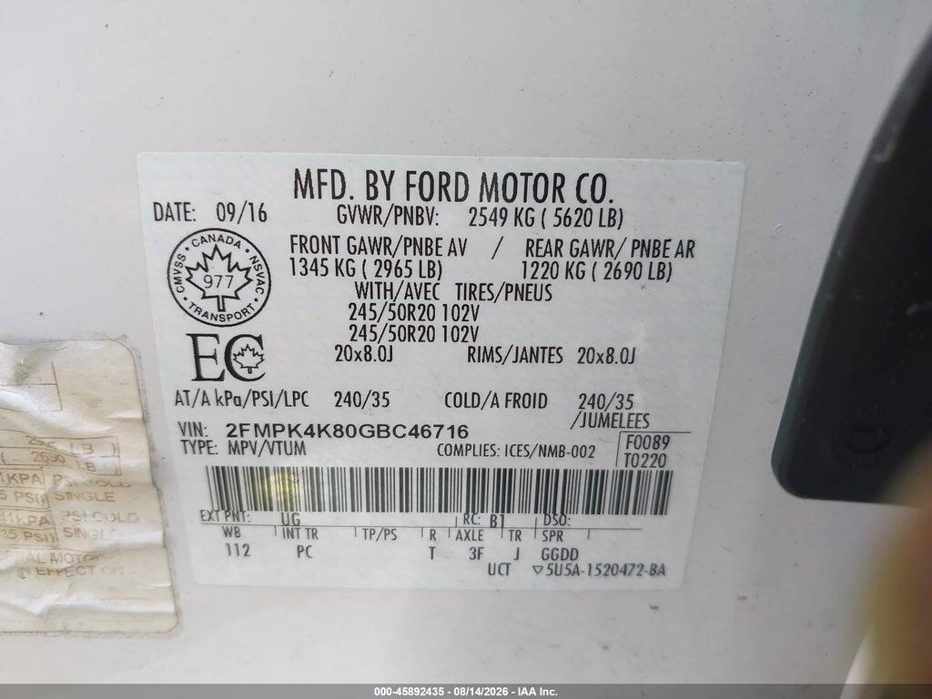 2FMPK4K80GBC46716 2016 FORD EDGE photo no. 9