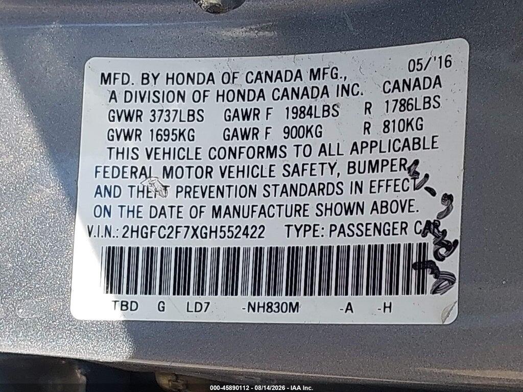 2HGFC2F7XGH552422 2016 HONDA CIVIC photo no. 9
