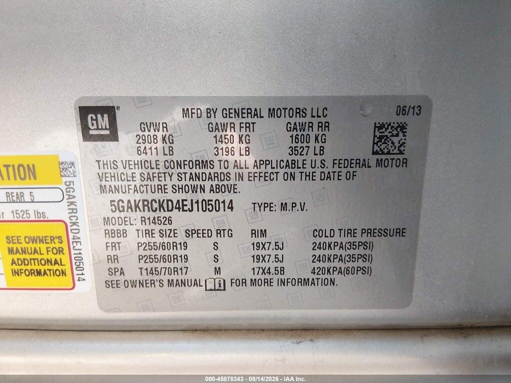 5GAKRCKD4EJ105014 2014 BUICK ENCLAVE photo no. 9