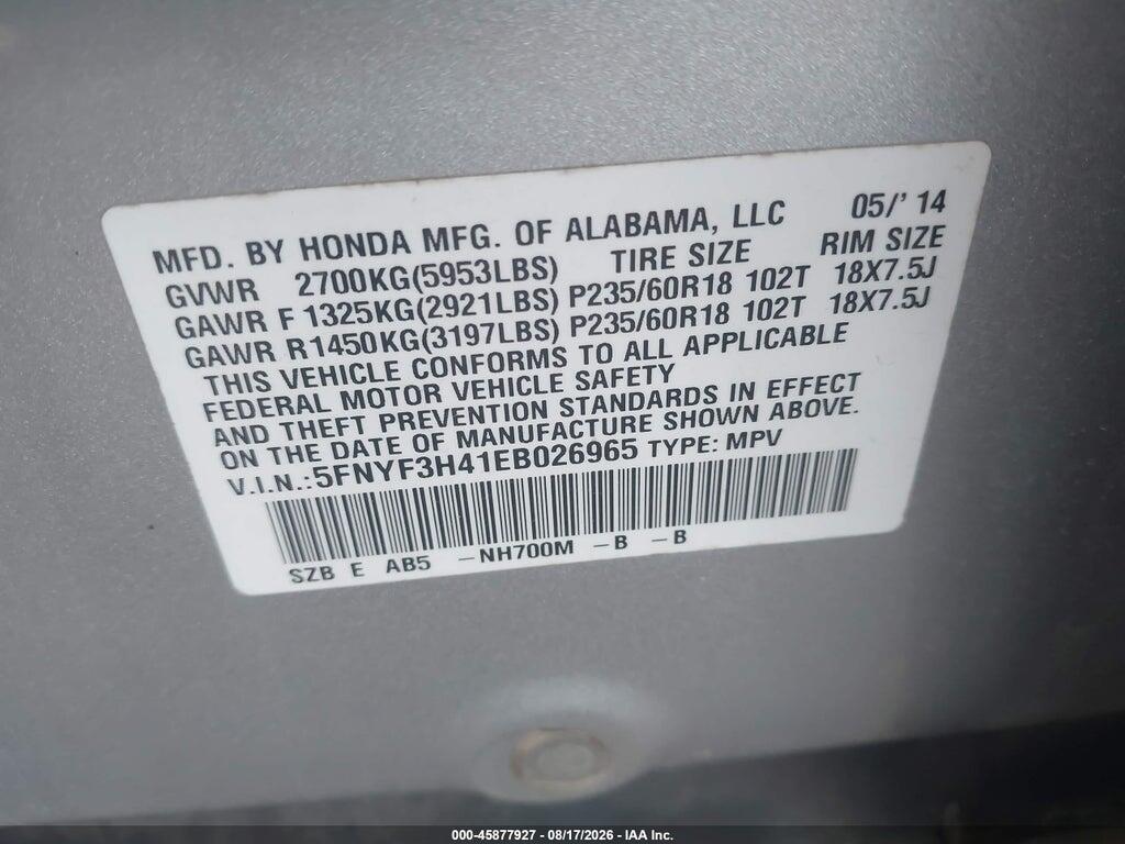 5FNYF3H41EB026965 2014 HONDA PILOT photo no. 9