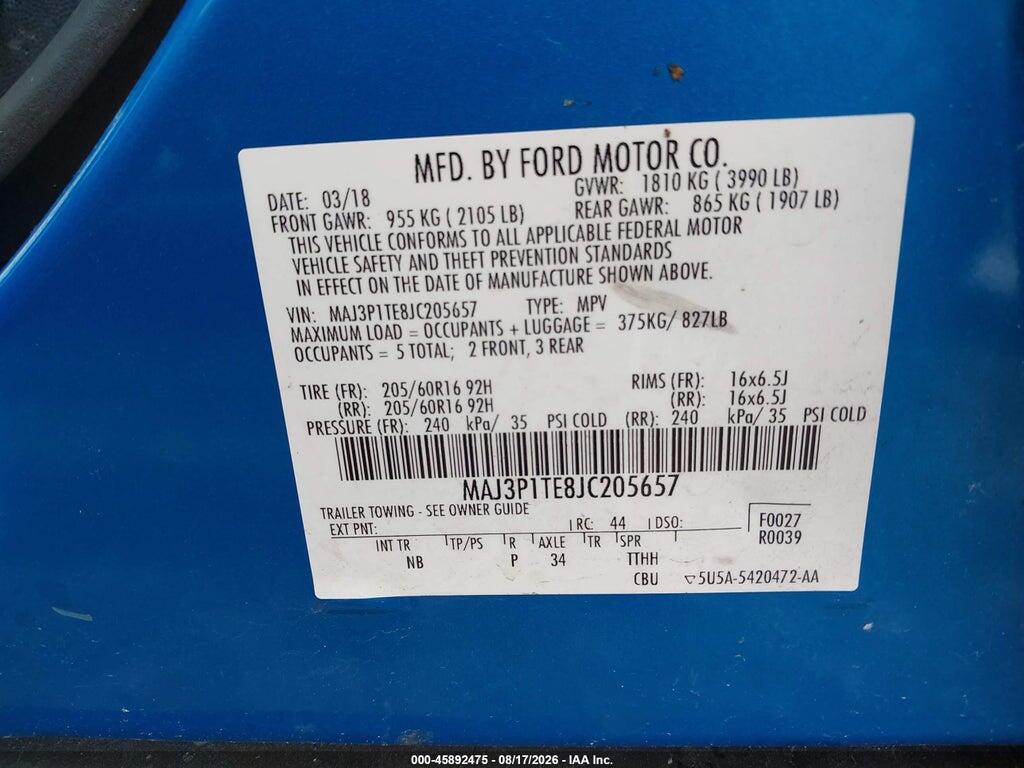 MAJ3P1TE8JC205657 2018 FORD ECOSPORT photo no. 9
