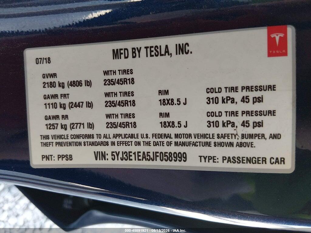 5YJ3E1EA5JF058999 2018 TESLA MODEL 3 photo no. 9