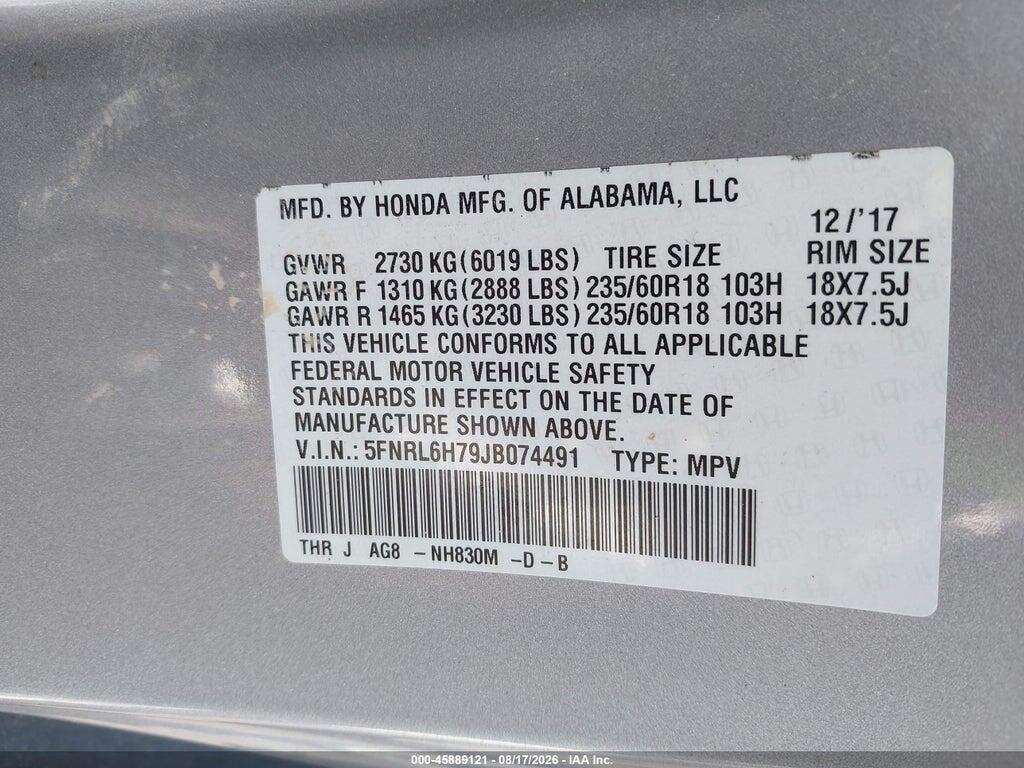 5FNRL6H79JB074491 2018 HONDA ODYSSEY photo no. 9