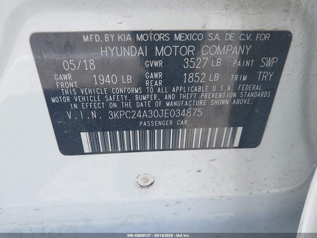 3KPC24A30JE034875 2018 HYUNDAI ACCENT photo no. 9