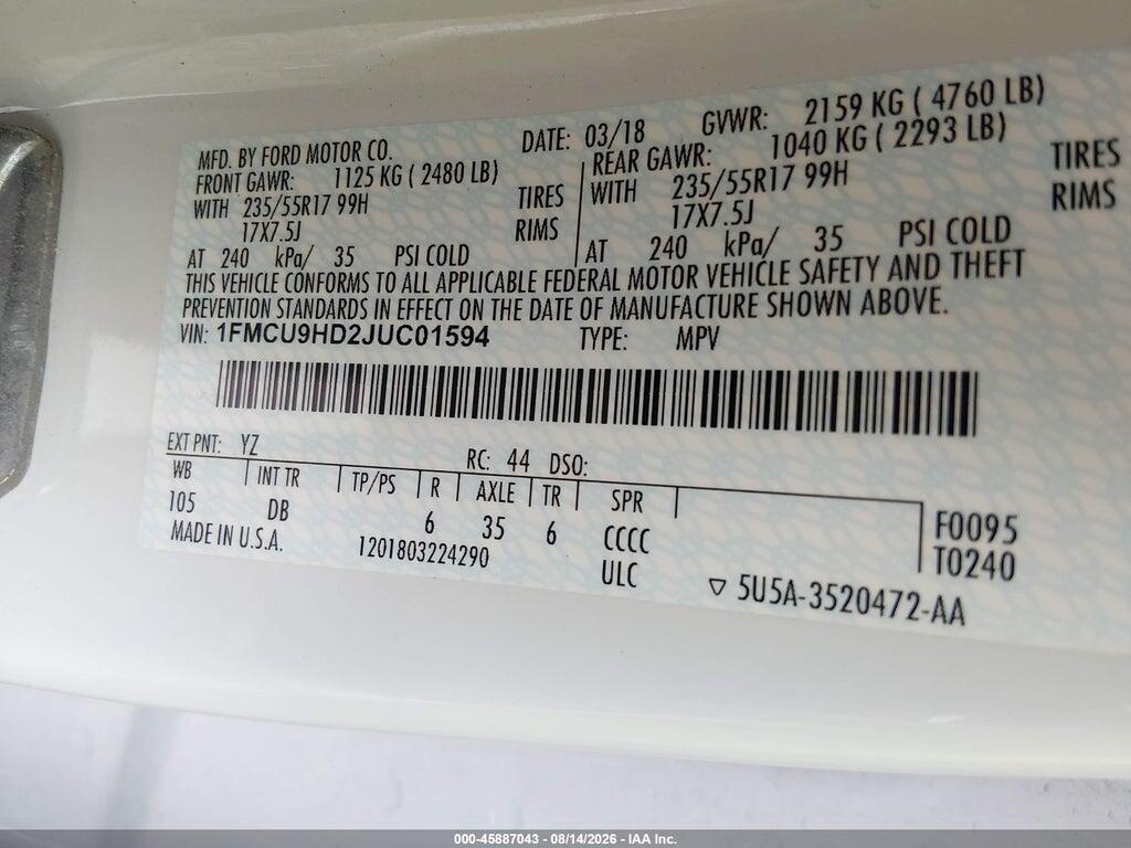 1FMCU9HD2JUC01594 2018 FORD ESCAPE photo no. 9