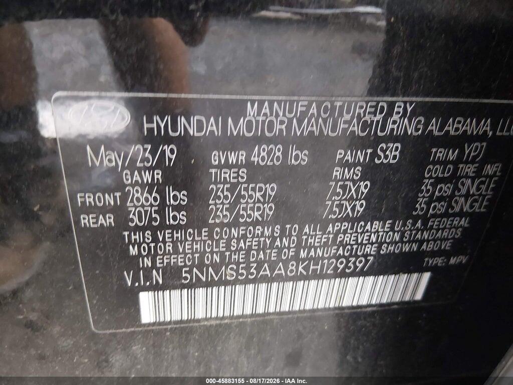 5NMS53AA8KH129397 2019 HYUNDAI SANTA FE photo no. 9